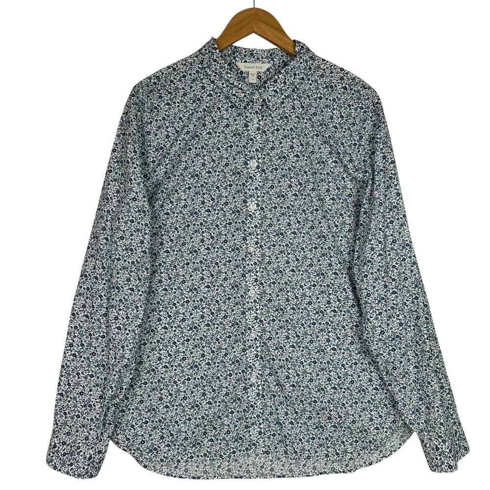 Garnet Hill Organic Pima Cotton Floral Button‎ Front Shirt Womens Size 14 Blue